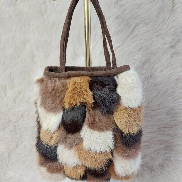 Firenze Collection Women's Brown and Tan Rabbit Fur Small Hand Bag - Picture 1 of 7